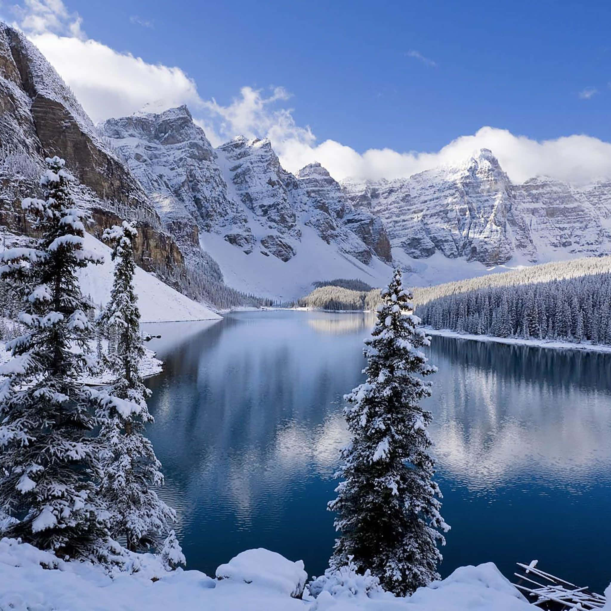 冬季場景 桌布 壁紙 — 積雪的山峰在平靜的藍色湖泊後方升起，湖泊倒映著雲朵，而積雪的常綠樹木則框住了前景。