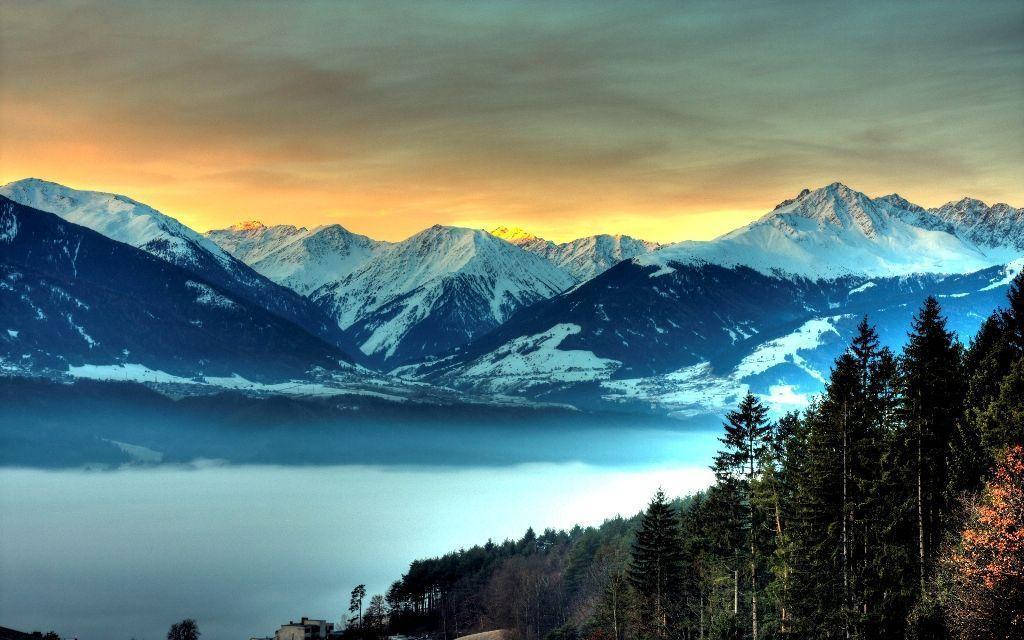 Mountain 桌布 壁紙 — 積雪的山峰在日出時從霧海中升起，常綠樹木框住下方的山谷。
