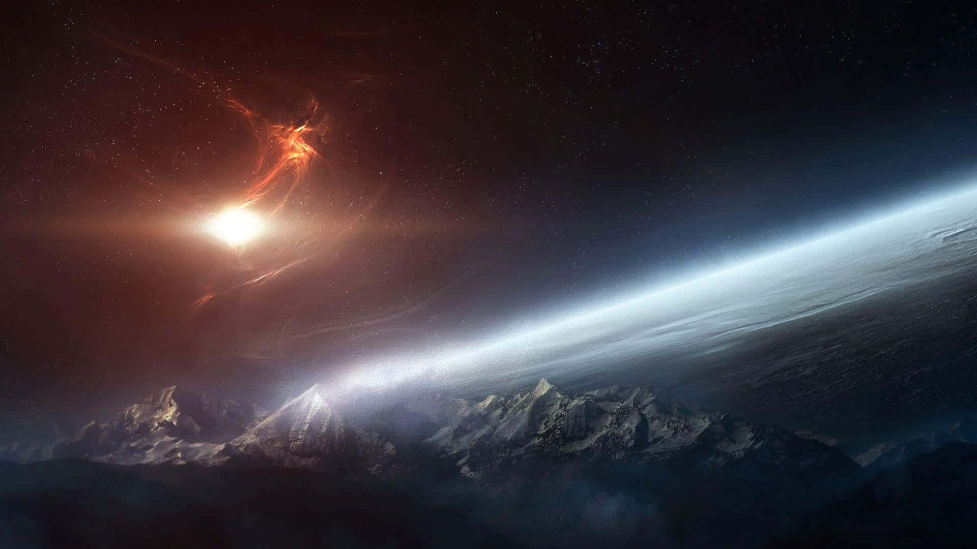 Beautiful Space 桌布 壁紙 — 積雪的山峰在發光的宇宙星雲和星野之下升起，上方是行星的彎曲地平線。