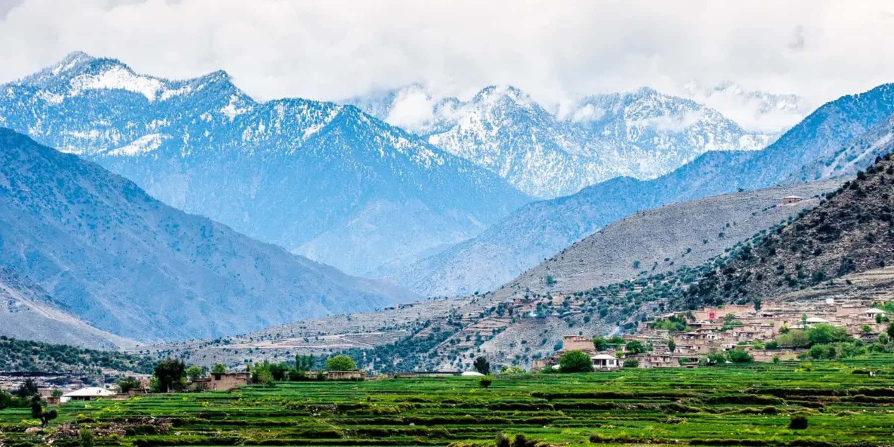 Afghanistan 桌布 壁紙 — 積雪的山峰聳立於山谷之上，山谷中有梯田綠野和一個小村莊，坐落在山丘之間，天空多雲。