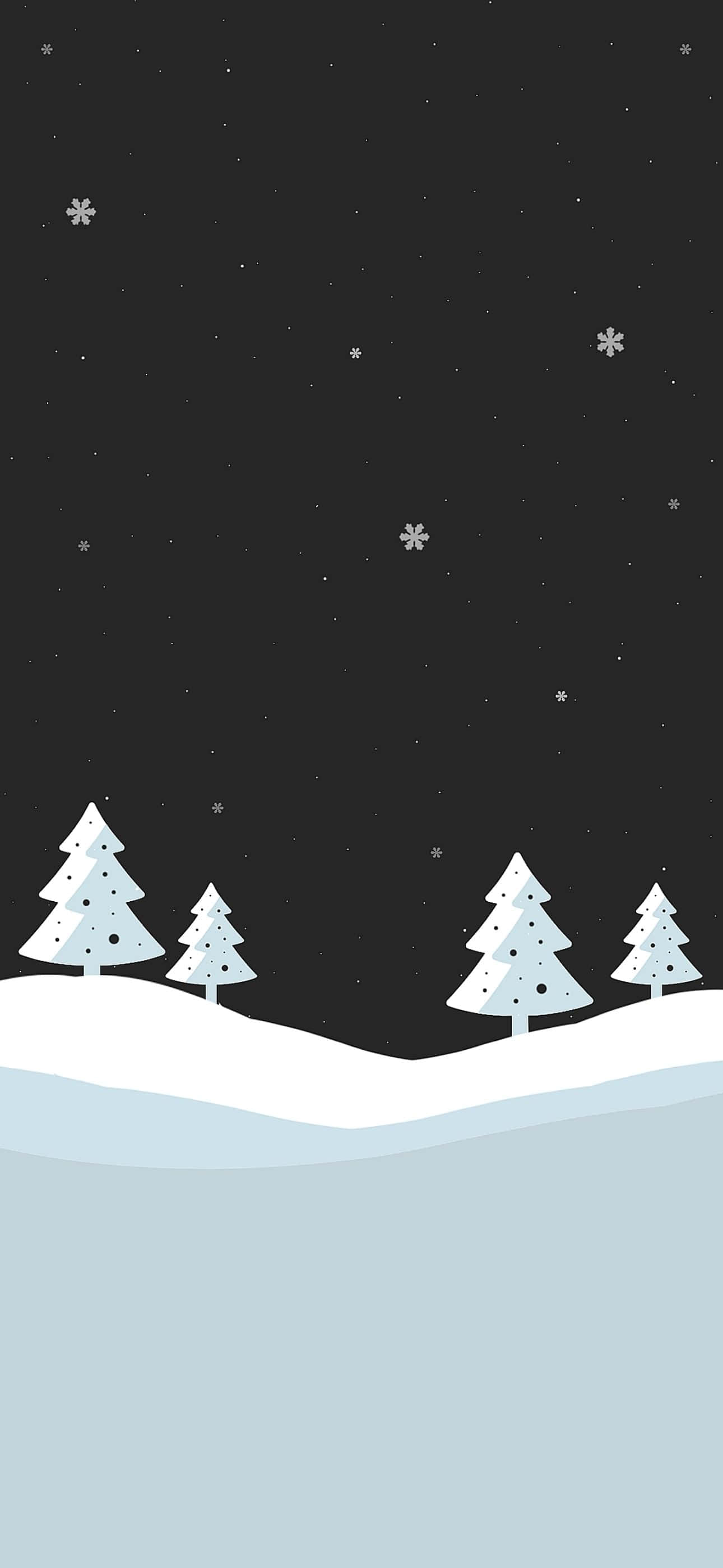 聖誕節 iPhone 桌布 壁紙 — 積雪的松樹矗立在繁星點點的夜空下，雪花飄落，柔軟的藍色地面。