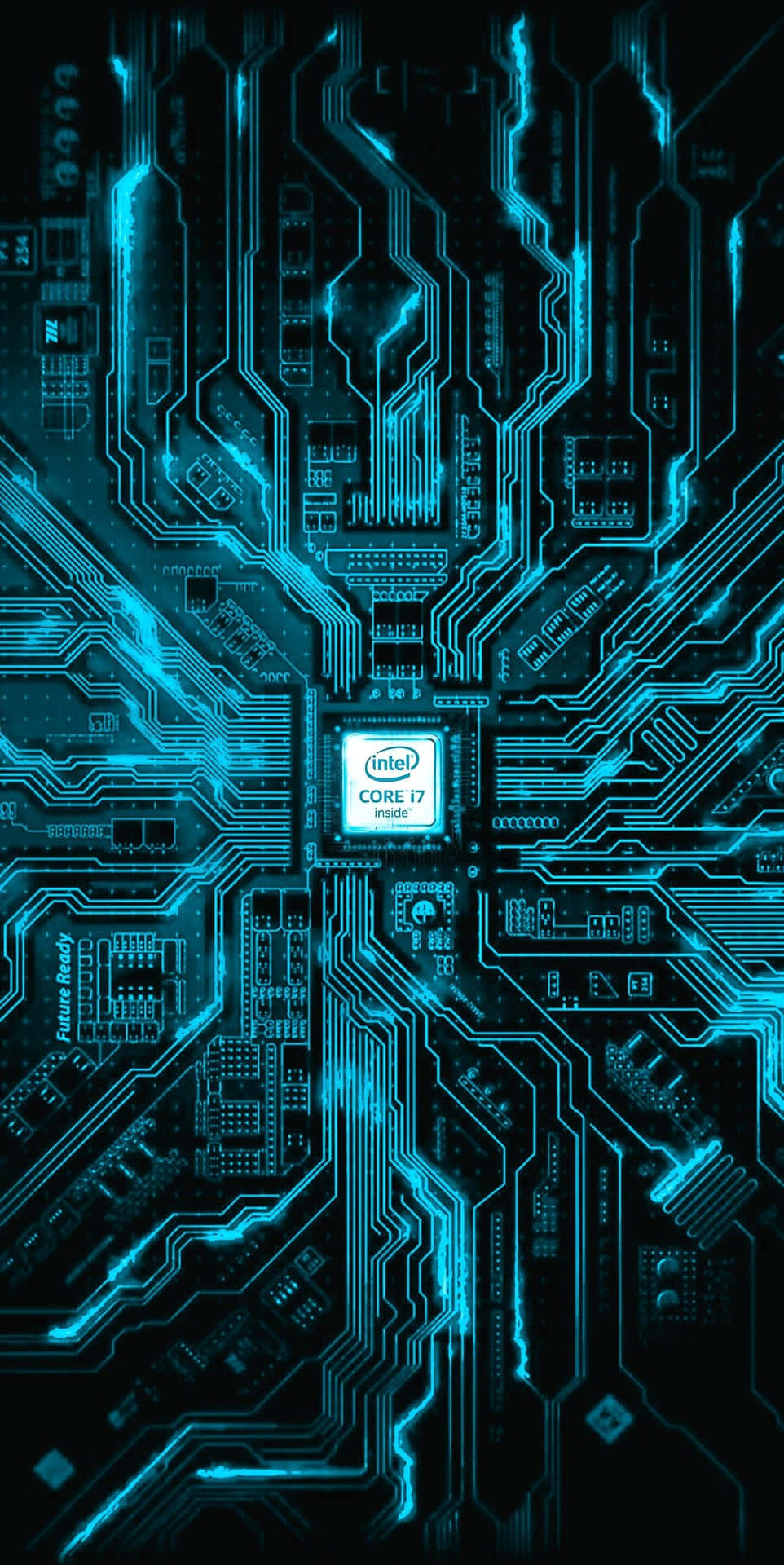 發光藍色電路板，中央有Intel Core i7晶片。