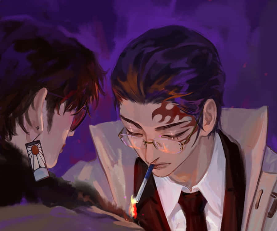 究極戰士神崎一郎 壁紙 — 兩個動漫男人在一個昏暗的紫色房間裡，一個點燃香煙，另一個戴著太陽耳環靠得很近。