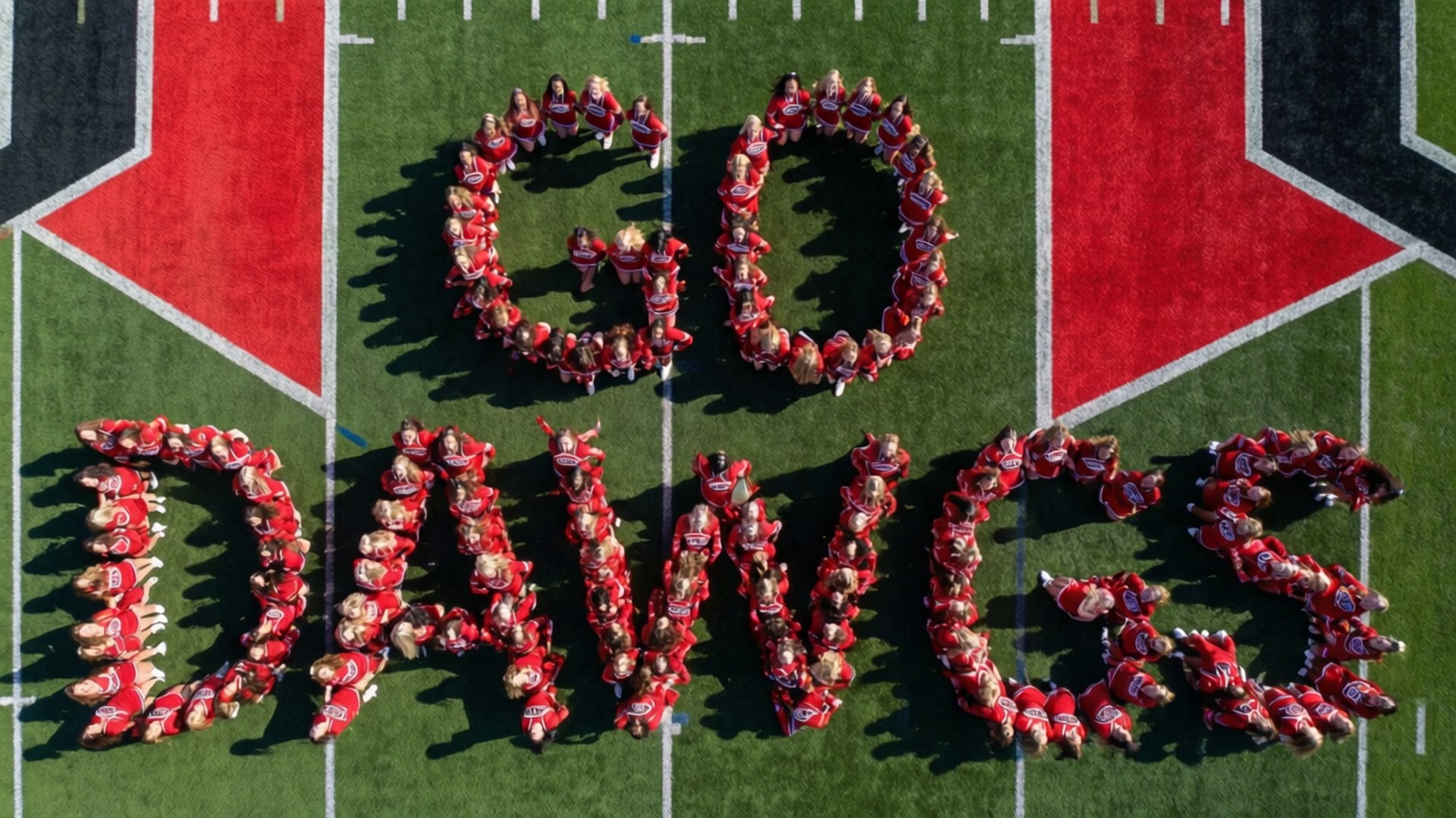 啦啦隊喺足球場上形成 'GO DAWGS' 字樣。