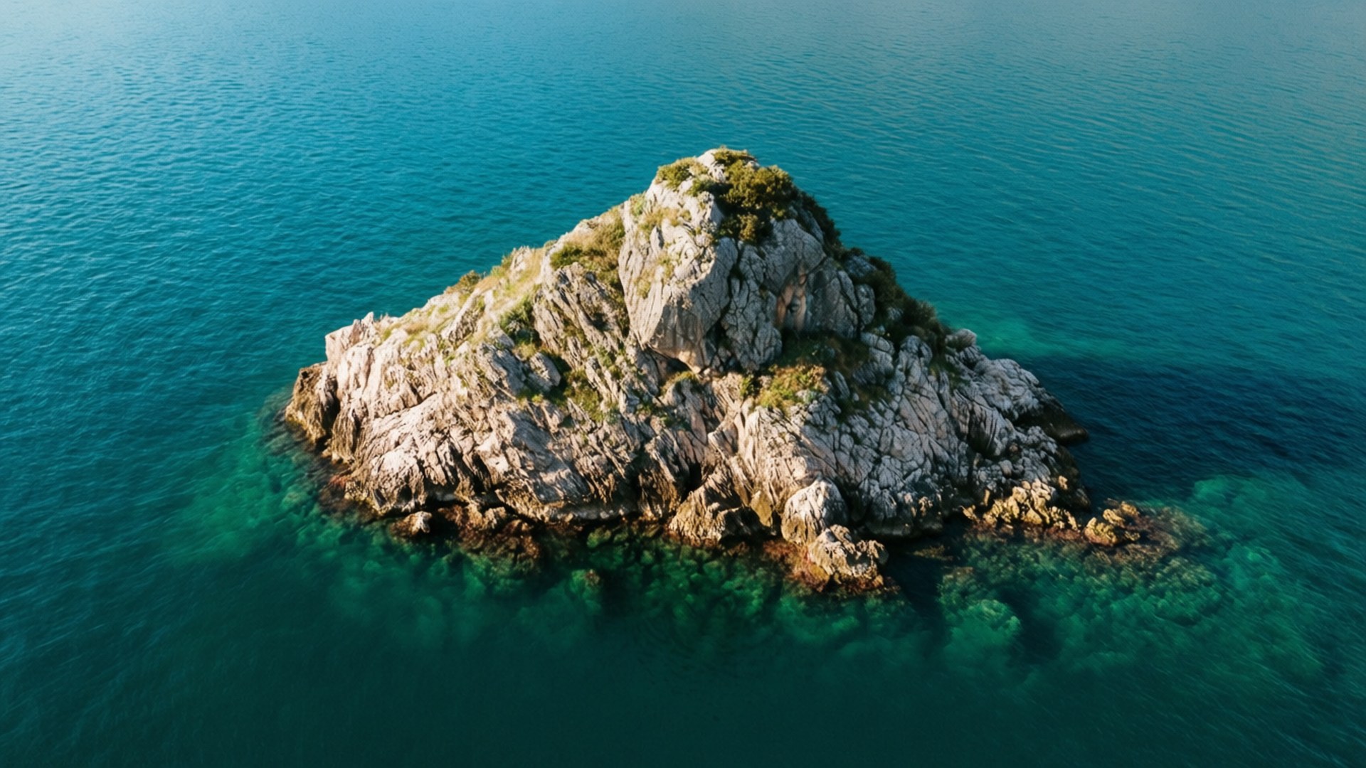 從上方俯瞰，清澈碧綠海水中的崎嶇岩石島嶼。