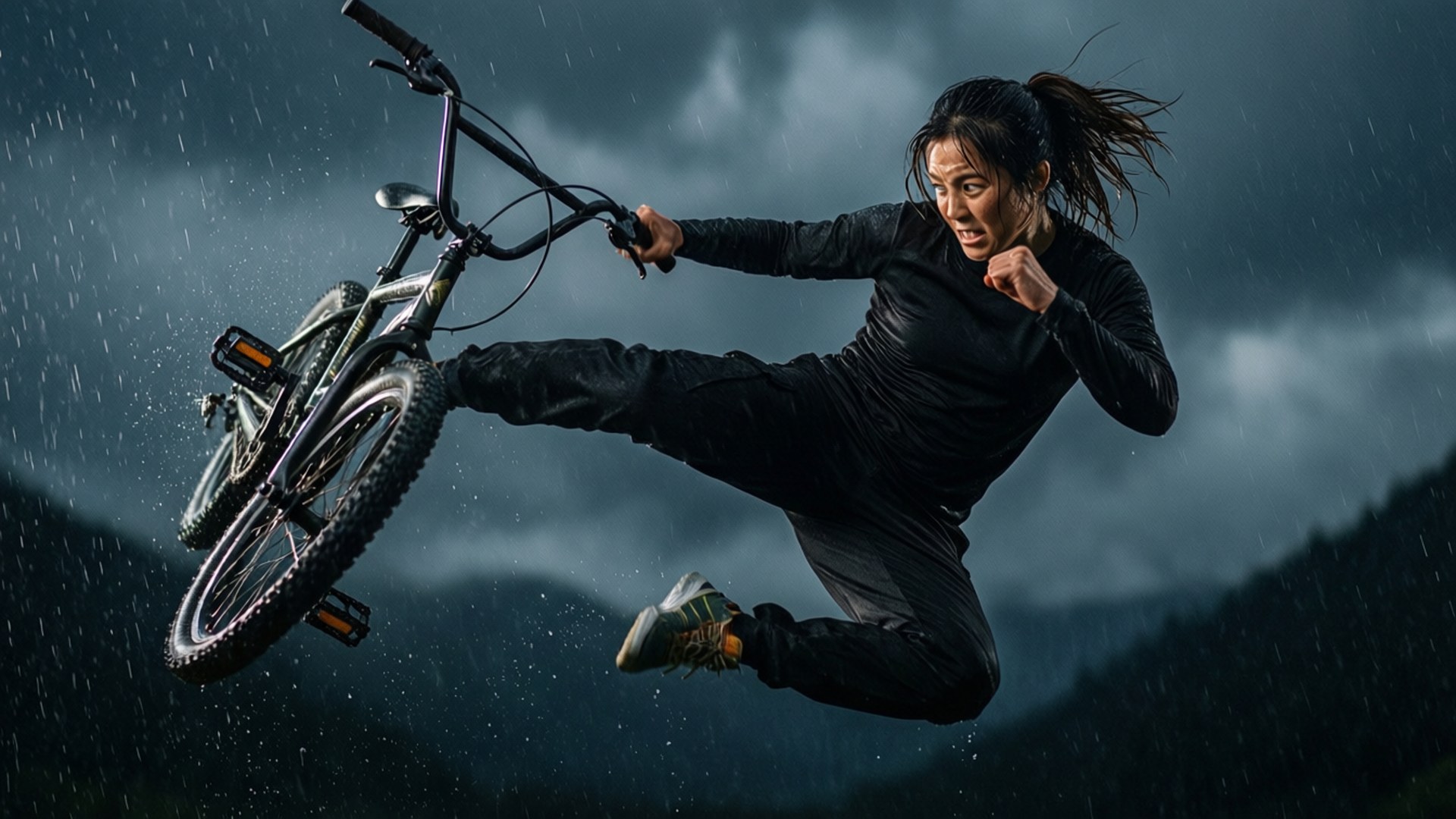 空中攻勢 壁紙 — 一名身穿黑色衣服的女子在暴風雨中，以黑暗山脈為背景，與山地自行車一起躍起在半空中。