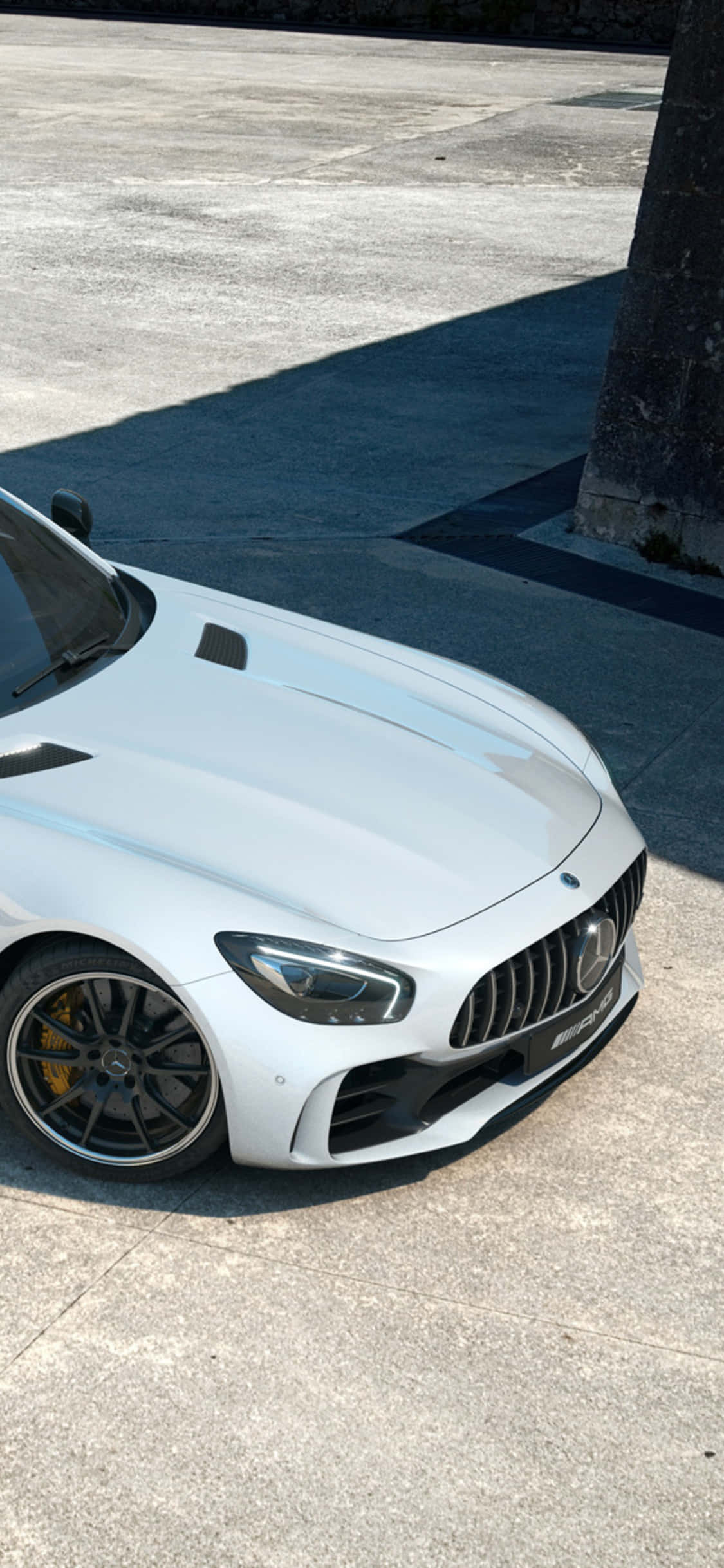 空中視角 iPhone X AMG GT-R 背景白色 AMG GT 壁紙 — 一架時尚的白色 Mercedes-AMG GT 停泊在混凝土上，陽光普照，附近有樹幹。