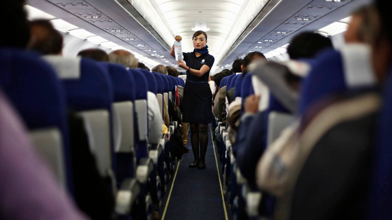空中服務員在飛機上為乘客提供服務