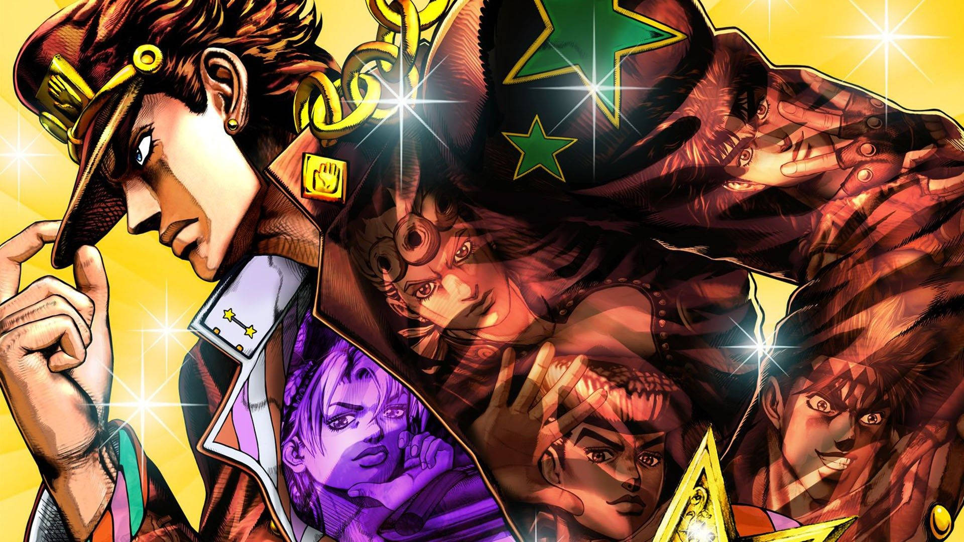 空條承太郎——《JoJo的奇妙冒險》的明星 壁紙 — 充滿活力的動漫角色，帶有星星圖案和鮮明的黃色背景，散發出動態能量和強烈的表情。