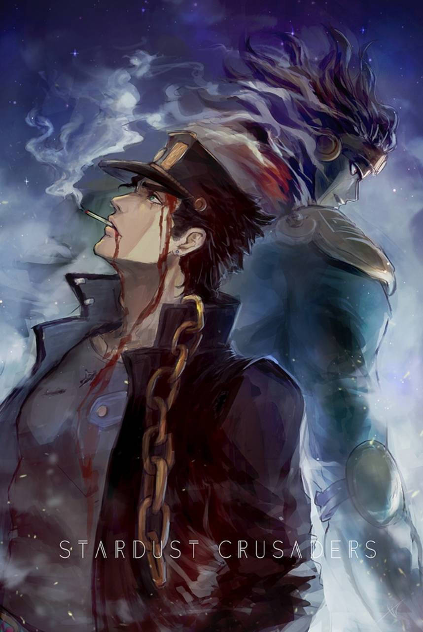 一個血淋淋的動漫男人在吸煙，身後有一個幽靈般的身影，背景是星空。