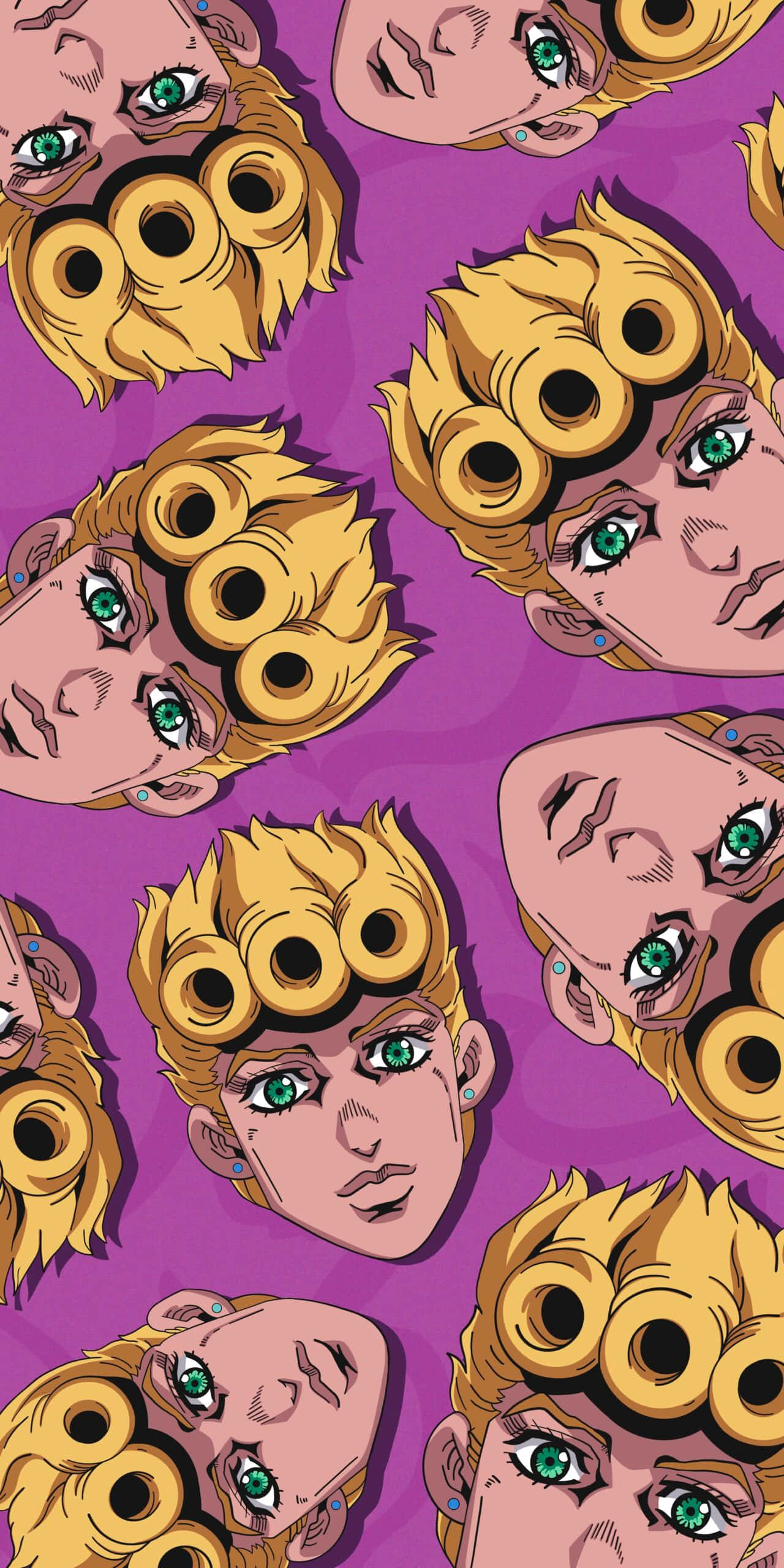 空條承太郎在《JoJo的奇妙冒險》中對抗敵人 壁紙 — 重複嘅動畫角色面孔，金色頭髮同綠色眼睛，喺充滿活力嘅紫色背景上。