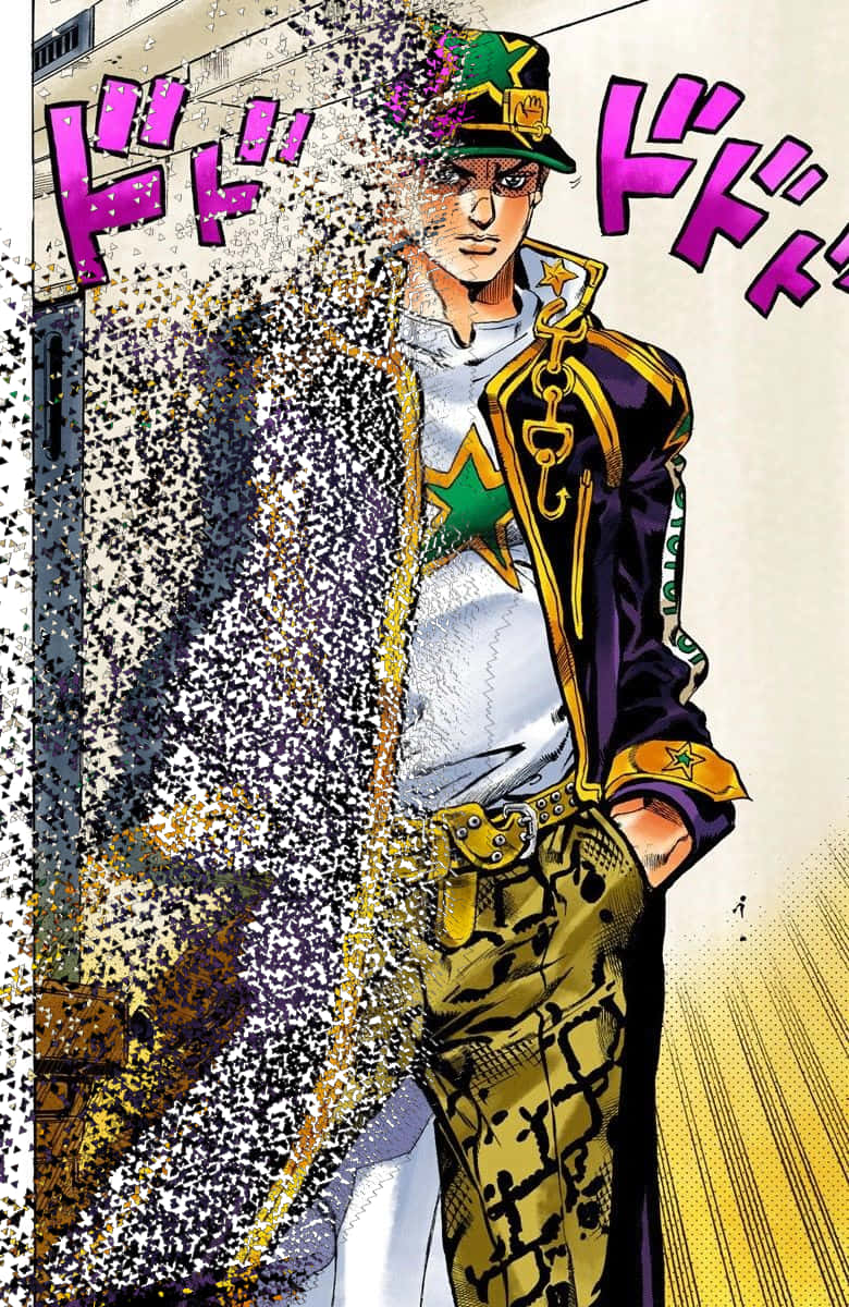 空條承太郎時尚姿勢 壁紙 — 一個漫畫風格的動漫角色，身穿綴有星星的外套和帽子，自信地站著，周圍有像素化的粒子爆炸。
