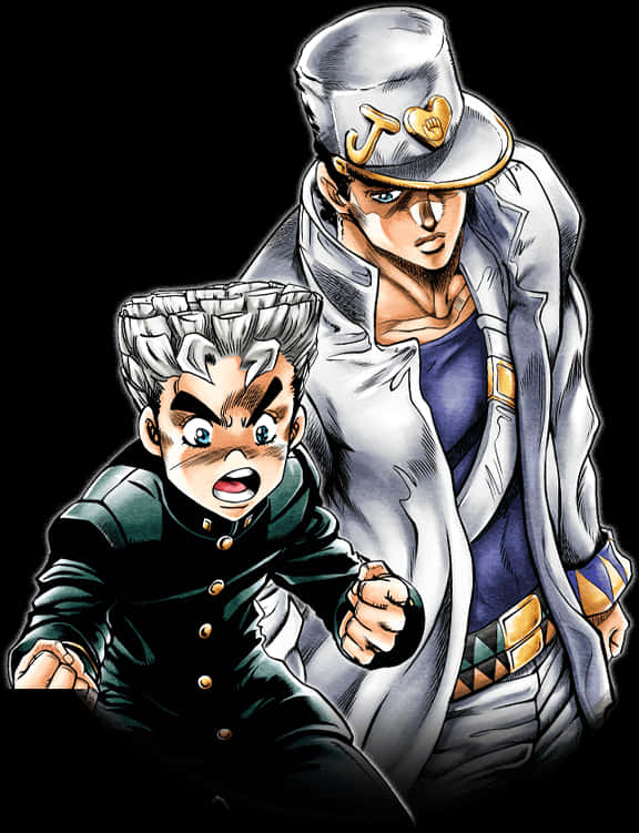 空條承太郎與同伴動畫插畫 壁紙 — 兩個動漫角色，一個穿著綠色制服在喊叫，另一個穿著白色外套和帽子站在後面，眼神凌厲。