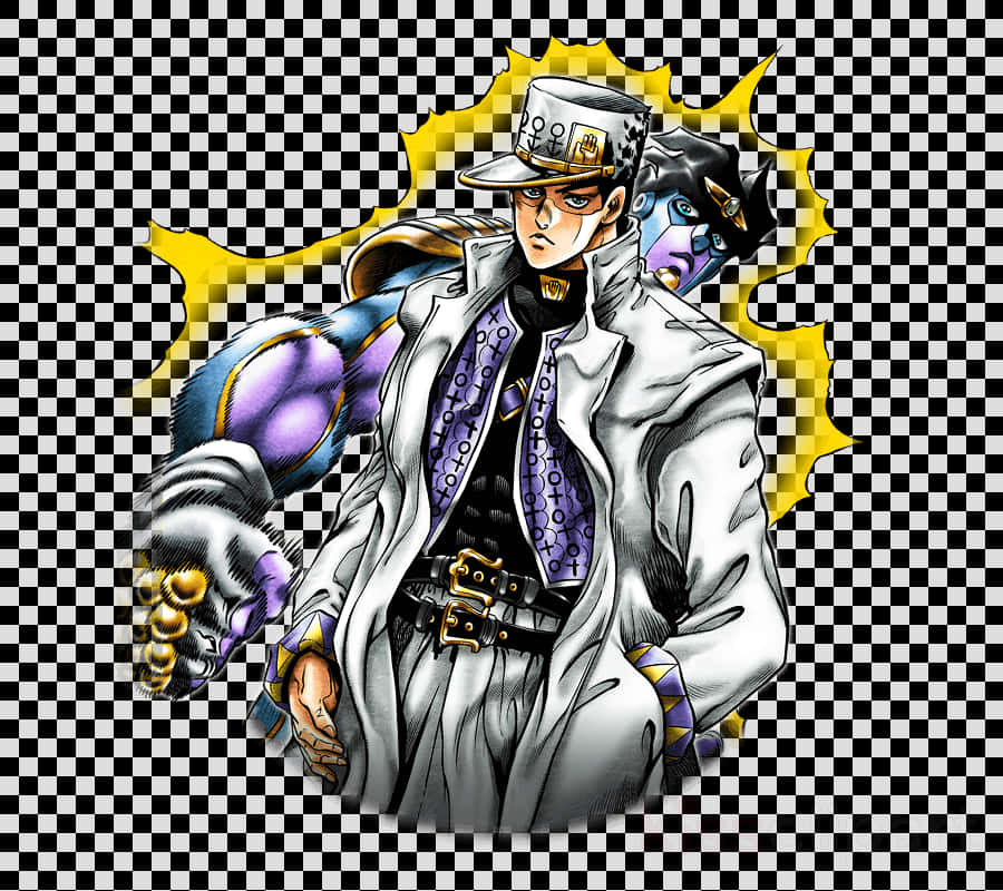 空條承太郎與星塵鬥士插畫 壁紙 — 一個大膽的動漫角色，身穿白色風衣和帽子，肌肉發達的手臂，背景是黃色爆發和格子圖案。