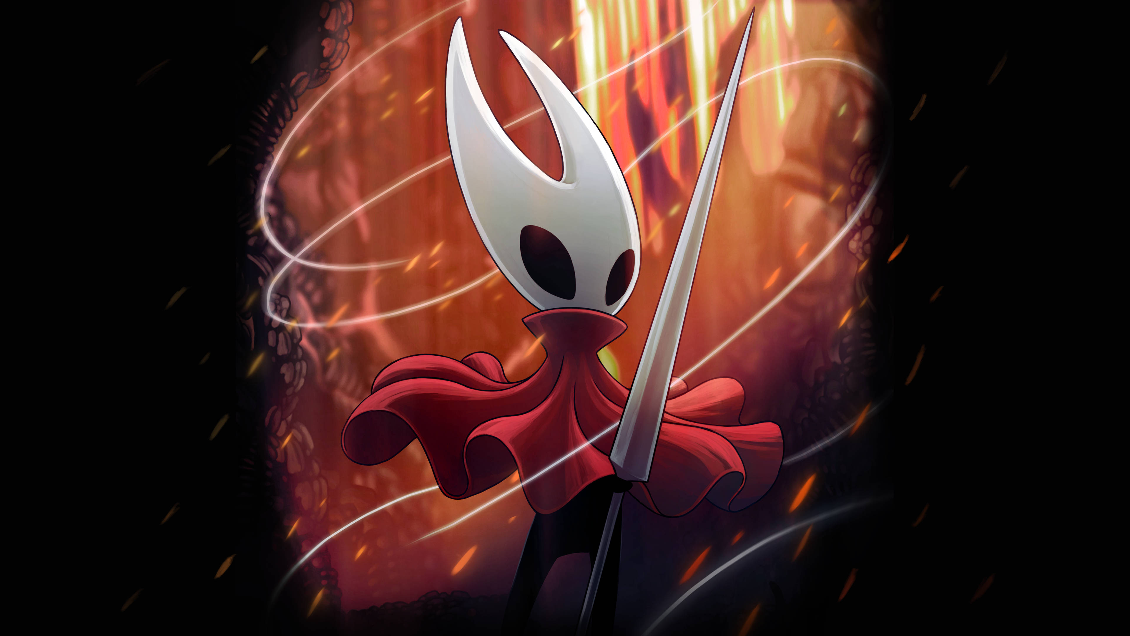 《空洞騎士》神秘騎士 Hornet 壁紙 — 一個戴白色面具、穿紅色斗篷的角色，在熾熱發光的背景中揮舞著劍，伴隨著旋轉的光跡。
