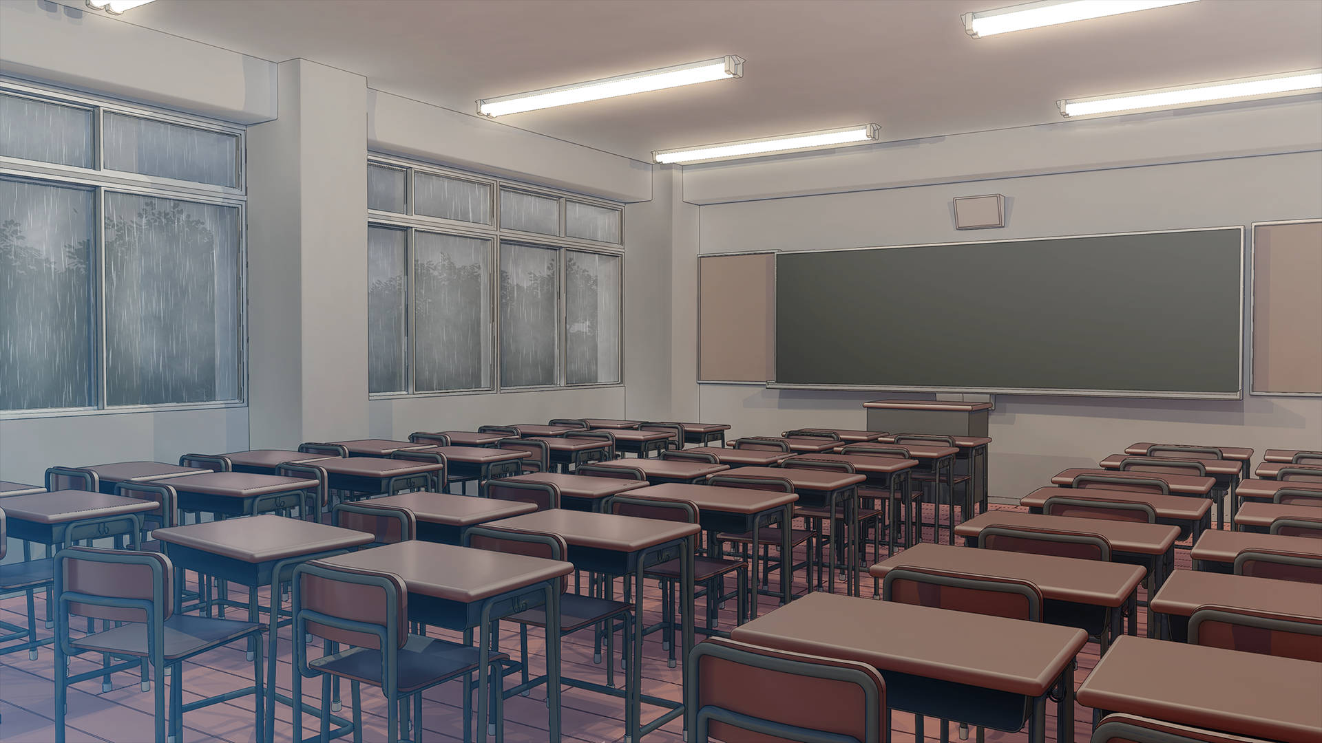 Classroom 桌布 壁紙 — 空無一人的教室，螢光燈下排列著木製書桌和椅子，窗戶上可見雨水。