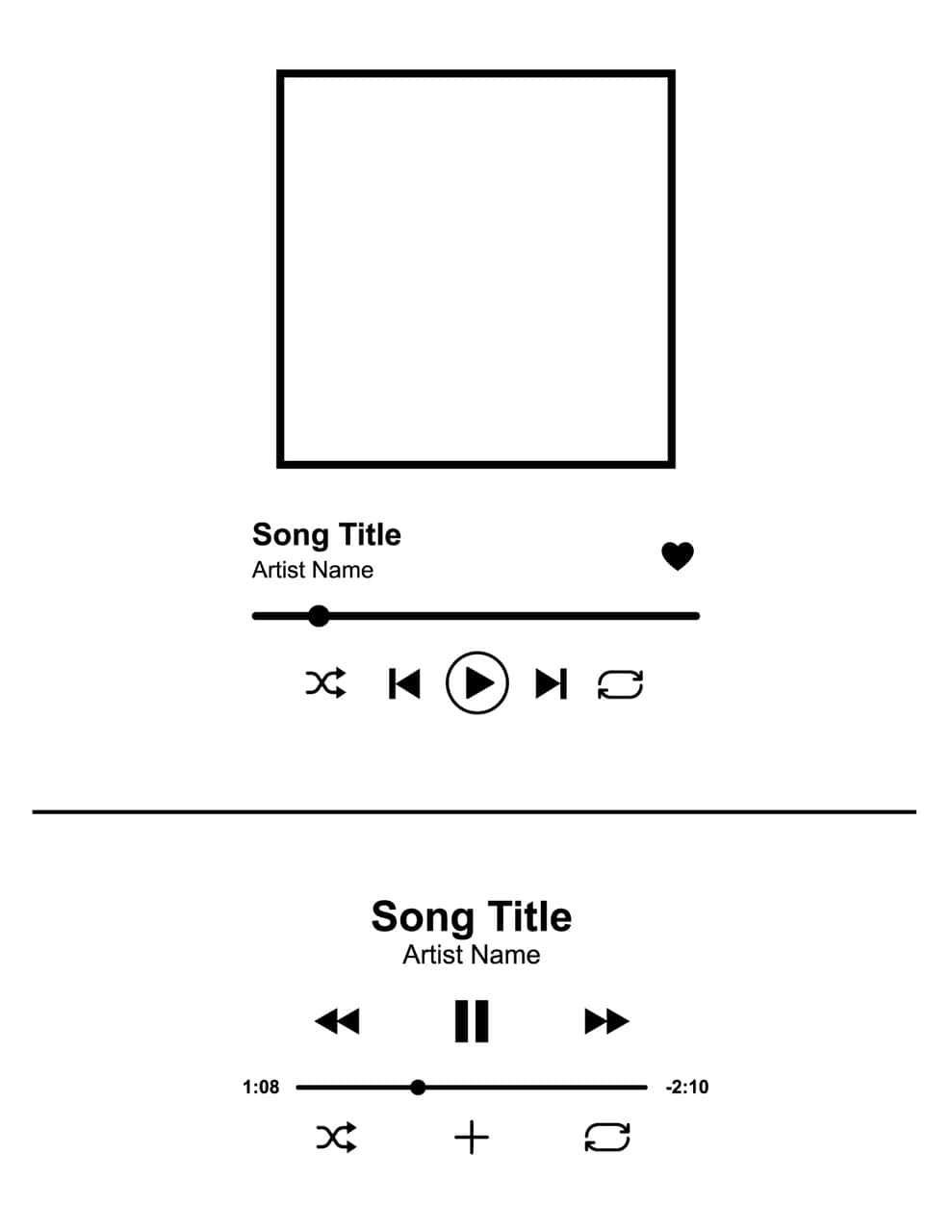 空白 Spotify 歌曲播放畫面 壁紙 — 簡約黑白音樂播放器界面，顯示歌曲名稱、藝術家姓名及播放控制，背景為純白。