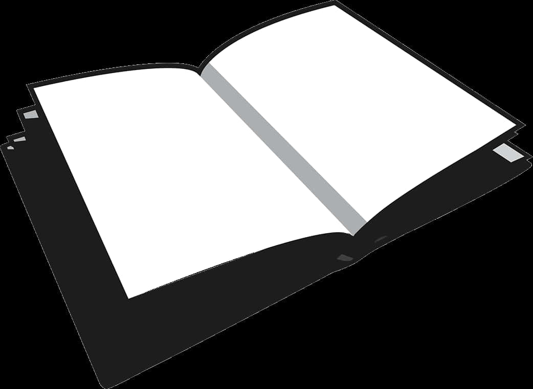 空白打開書本圖形 壁紙 — 一本打開的書，內頁空白，黑色封面，傾斜放在純黑色背景上。