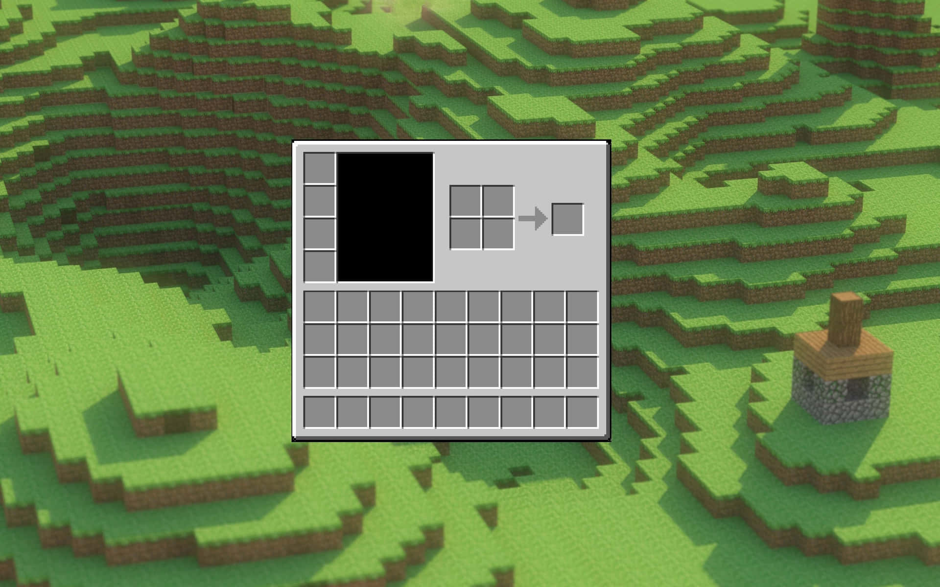 Minecraft 物品欄疊加在方塊狀的草地景觀上，附有一座石屋。 — 我的世界 壁紙