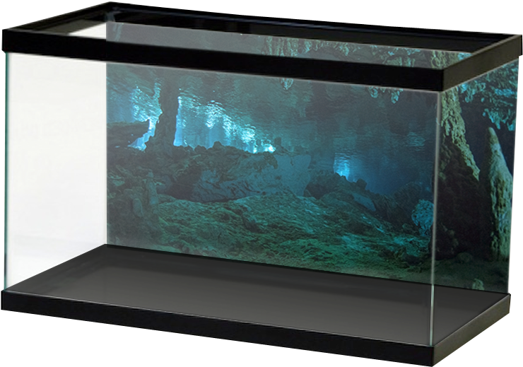 空置水族箱佈置 壁紙 — 一個帶黑色框架的長方形水族箱展示了一個水下洞穴場景，有岩石結構和藍綠色燈光。