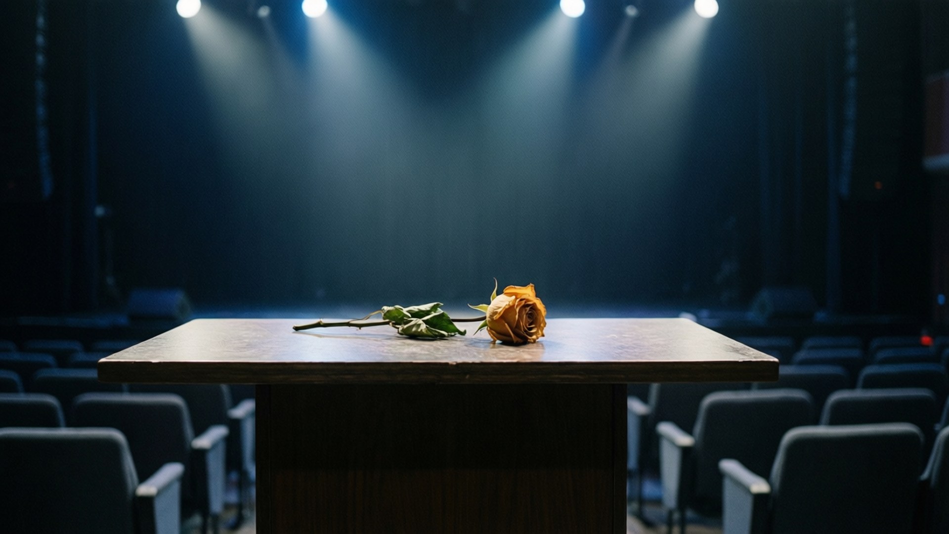 聚光燈下空蕩劇院舞台桌上的一朵枯萎橙色玫瑰。