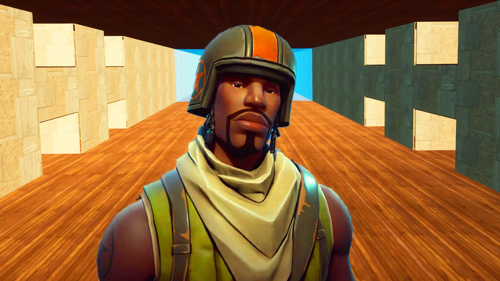 「空降突擊兵準備迎戰」 壁紙 — 一個戴著頭盔和圍巾的Fortnite角色站在一個木製走廊中，走廊有方塊牆壁，透過開口可見藍天。