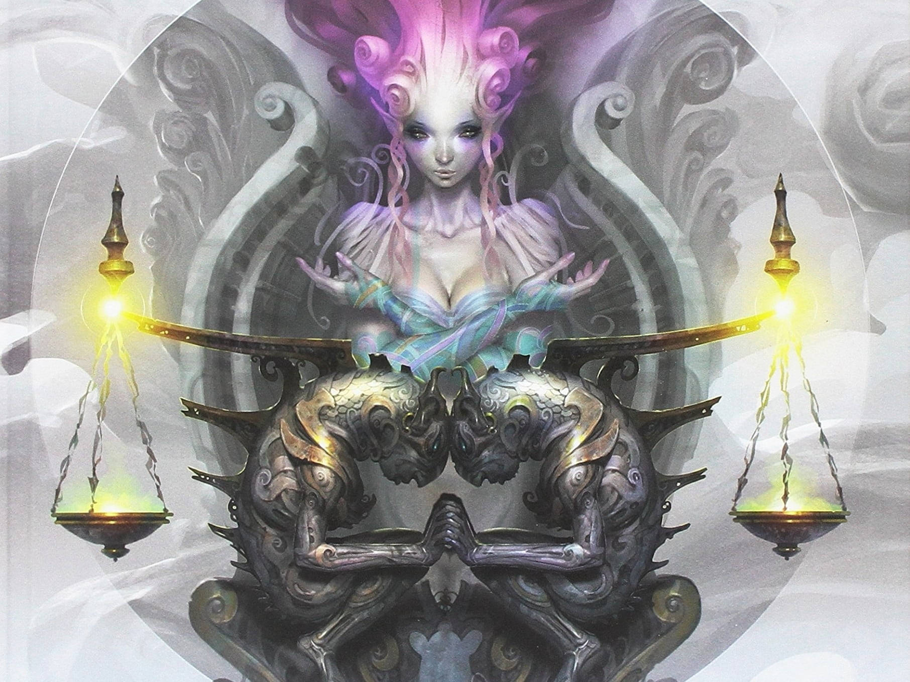 空靈天秤座 壁紙 — 一個神秘人物擁有發光的紫色頭髮，坐在一個裝飾華麗的王座上，兩側有發光的天秤。