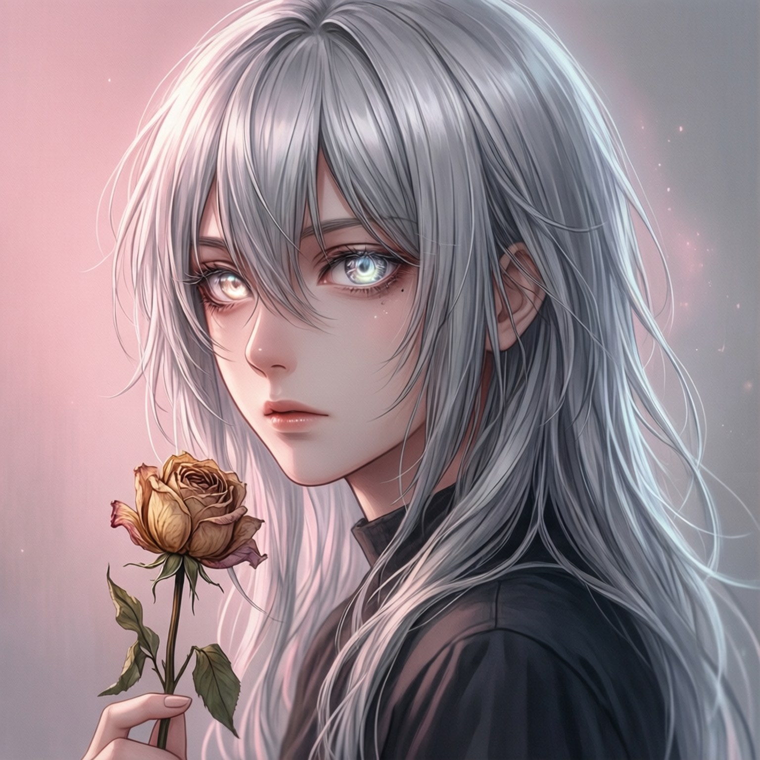 銀髮動漫女孩手持枯萎的玫瑰，眼睛發光，背景是粉紅色。
