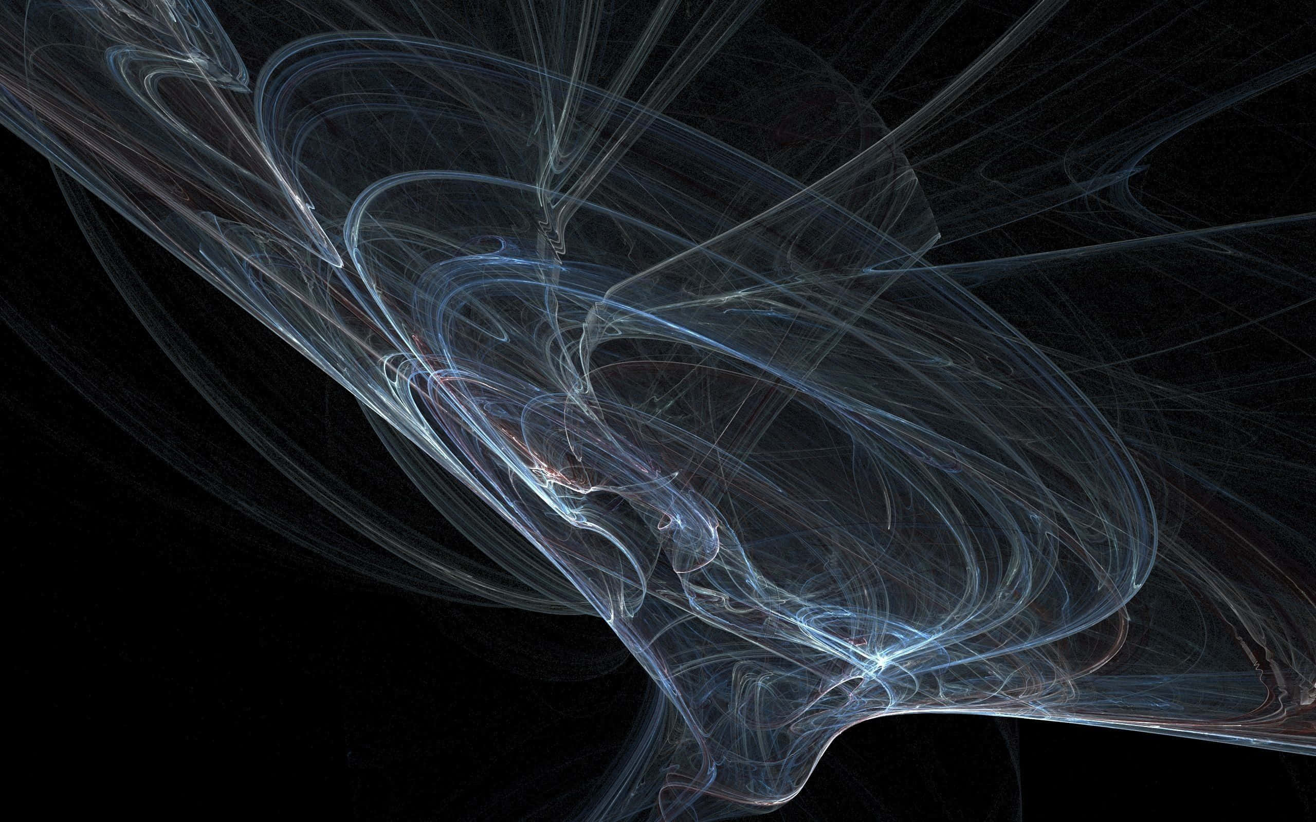 Dark Energy 桌布 壁紙 — 空靈的發光藍色和白色絲線在深邃的黑色虛空中動態旋轉，營造出宇宙抽象運動。