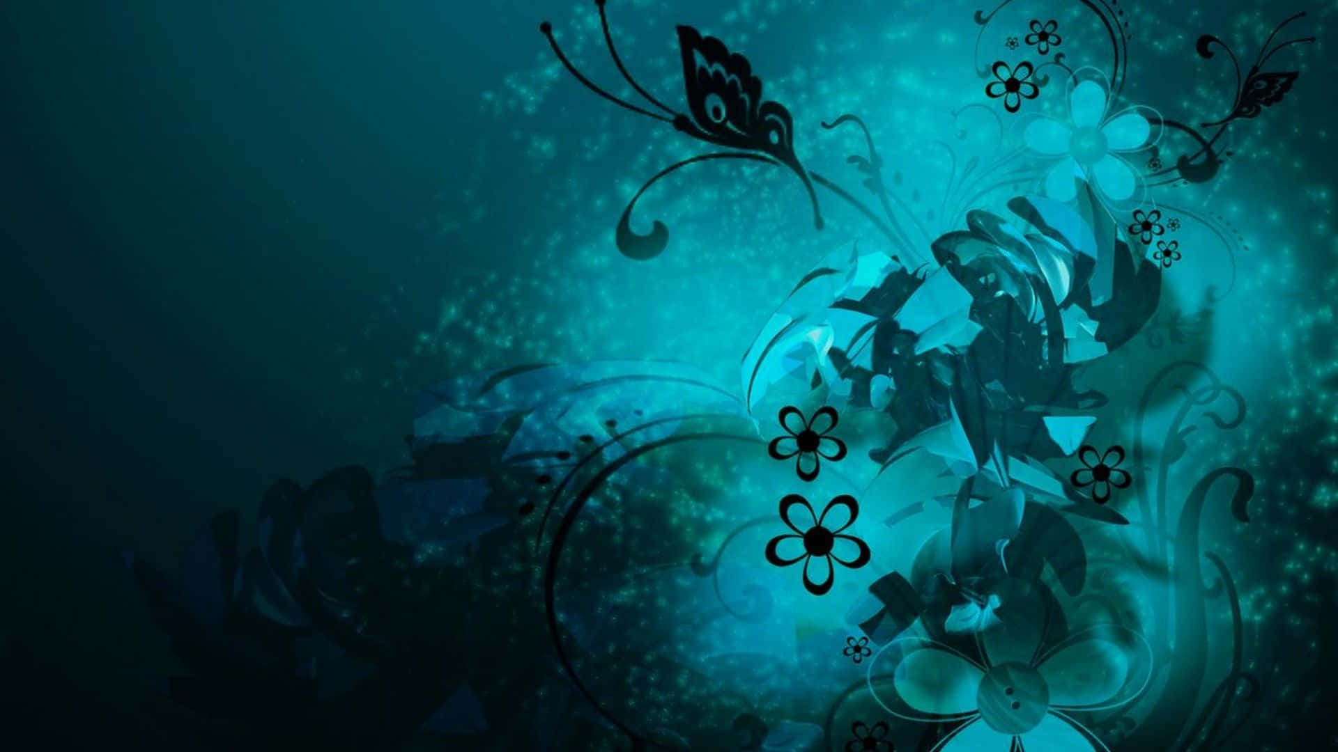 Dark Teal 桌布 壁紙 — 空靈的青色花卉漩渦帶有發光粒子，漂浮在深色漸變背景上。