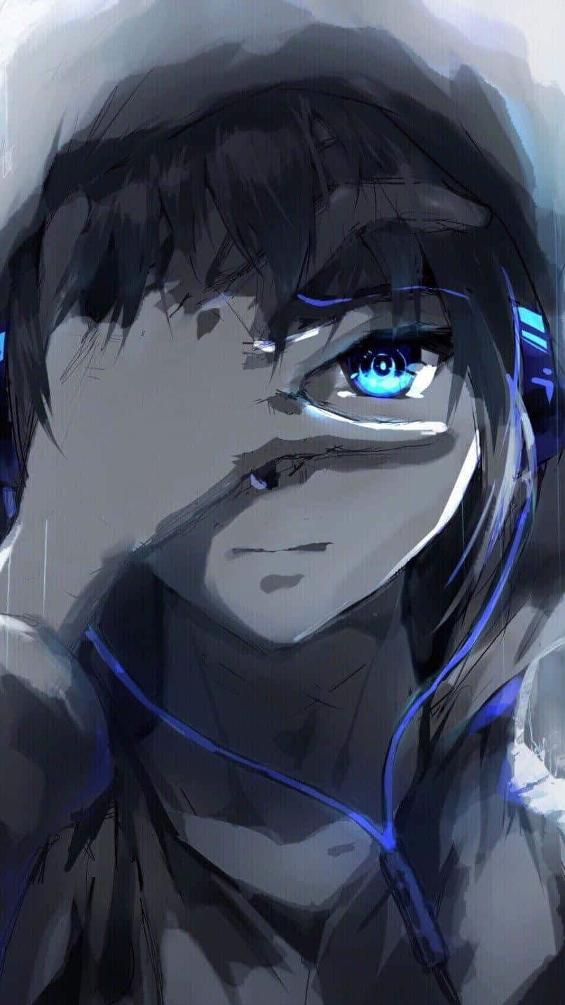 穿 emo 風服裝的動漫男孩 壁紙 — 一個年輕男子的特寫動畫肖像，他有發光的藍色眼睛和深色頭髮，戴著帶有藍色點綴的耳機。