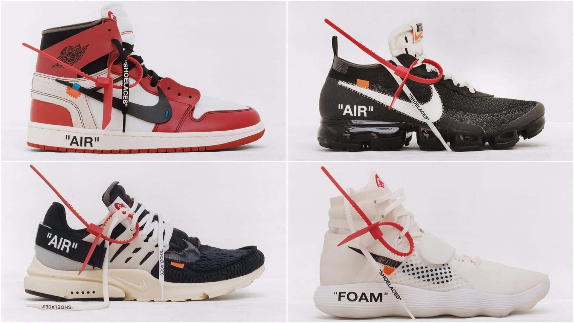 穿 Off White 鞋款，成為焦點 壁紙 — 四對Off-White x Nike運動鞋，紅、黑、白色，帶有標誌性紅色綁帶和粗體文字，置於潔白背景上。