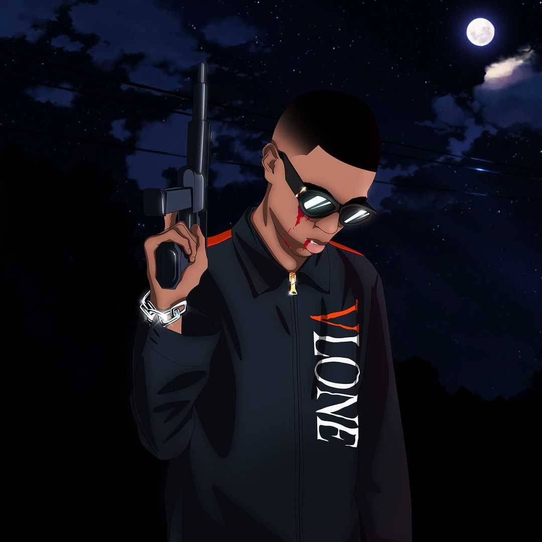 穿 VLONE 夾克的槍手向量圖 壁紙 — 一個風格化的動漫角色，臉上帶血，戴著太陽眼鏡，在月光下的夜空下持槍。