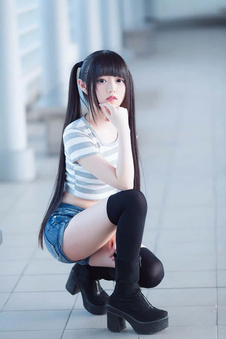 穿Cosplay服的嬌小日本少女 壁紙 — 一位年輕女性留著深色長髮紮成雙辮，穿著條紋上衣、牛仔短褲和黑色過膝靴，若有所思地蹲在瓷磚地板上。