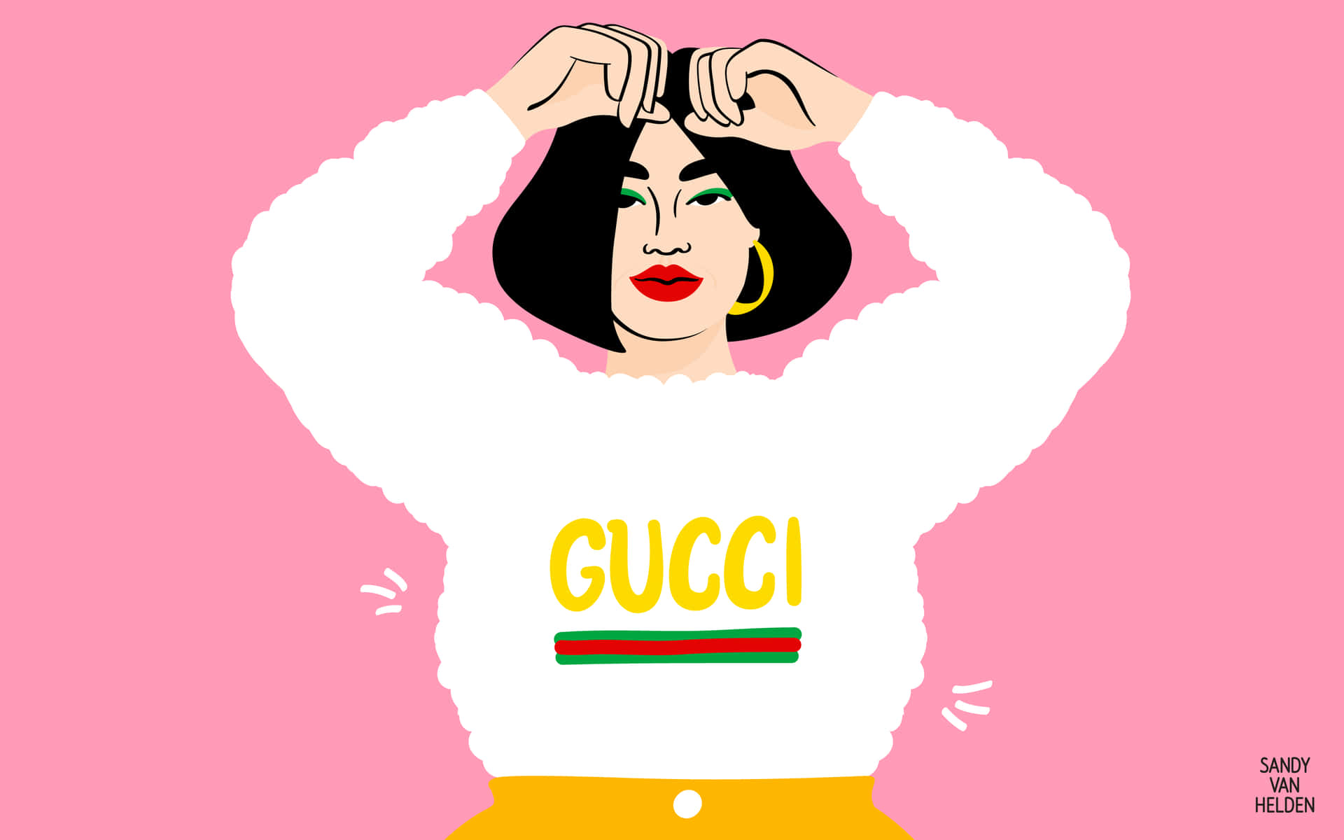 穿著Gucci毛衣的女性在粉色背景上整理頭髮