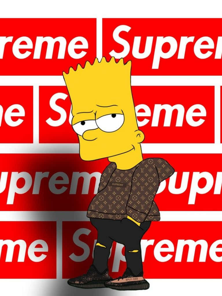 穿Supreme T恤的荷馬·辛普森：無所畏懼 壁紙 — 巴特·辛普森穿著路易威登外套和Yeezy運動鞋，站在重複的紅色Supreme標誌背景前。