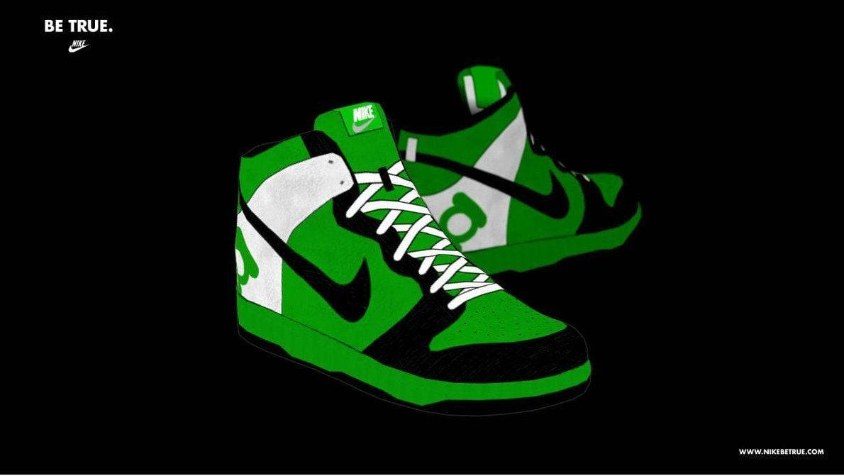 黑色背景上帶有黑色點綴的綠色和白色Nike Dunk運動鞋。