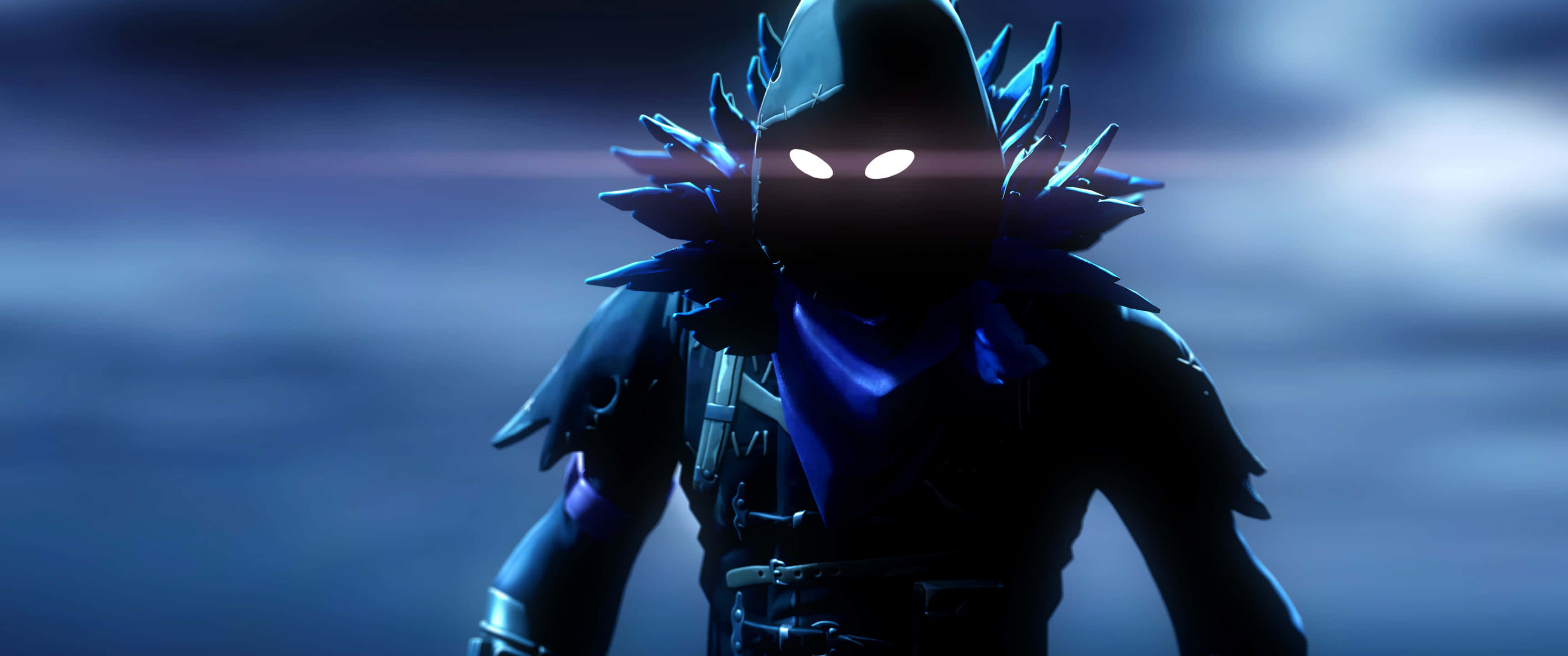 穿上《Fortnite》傳奇烏鴉裝扮，讓對手措手不及！ 壁紙 — 一個帶有發光白色眼睛和尖刺藍色項圈的威脅性黑暗人物，站在憂鬱的黃昏天空前。