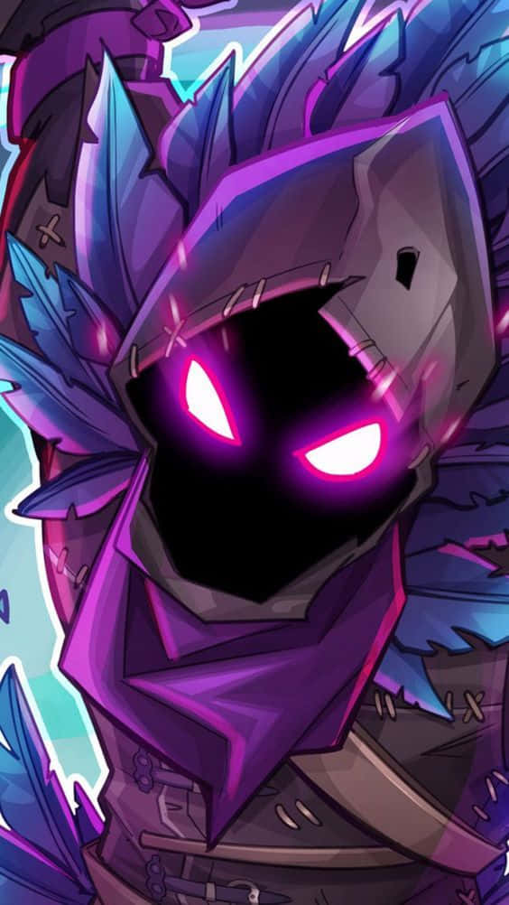 穿上《Fortnite》烏鴉皮膚，展現無畏之姿。 壁紙 — 一個身穿紫色盔甲、擁有發光粉紅色眼睛和鋸齒狀藍色羽毛裝飾的威嚇性動漫騎士。