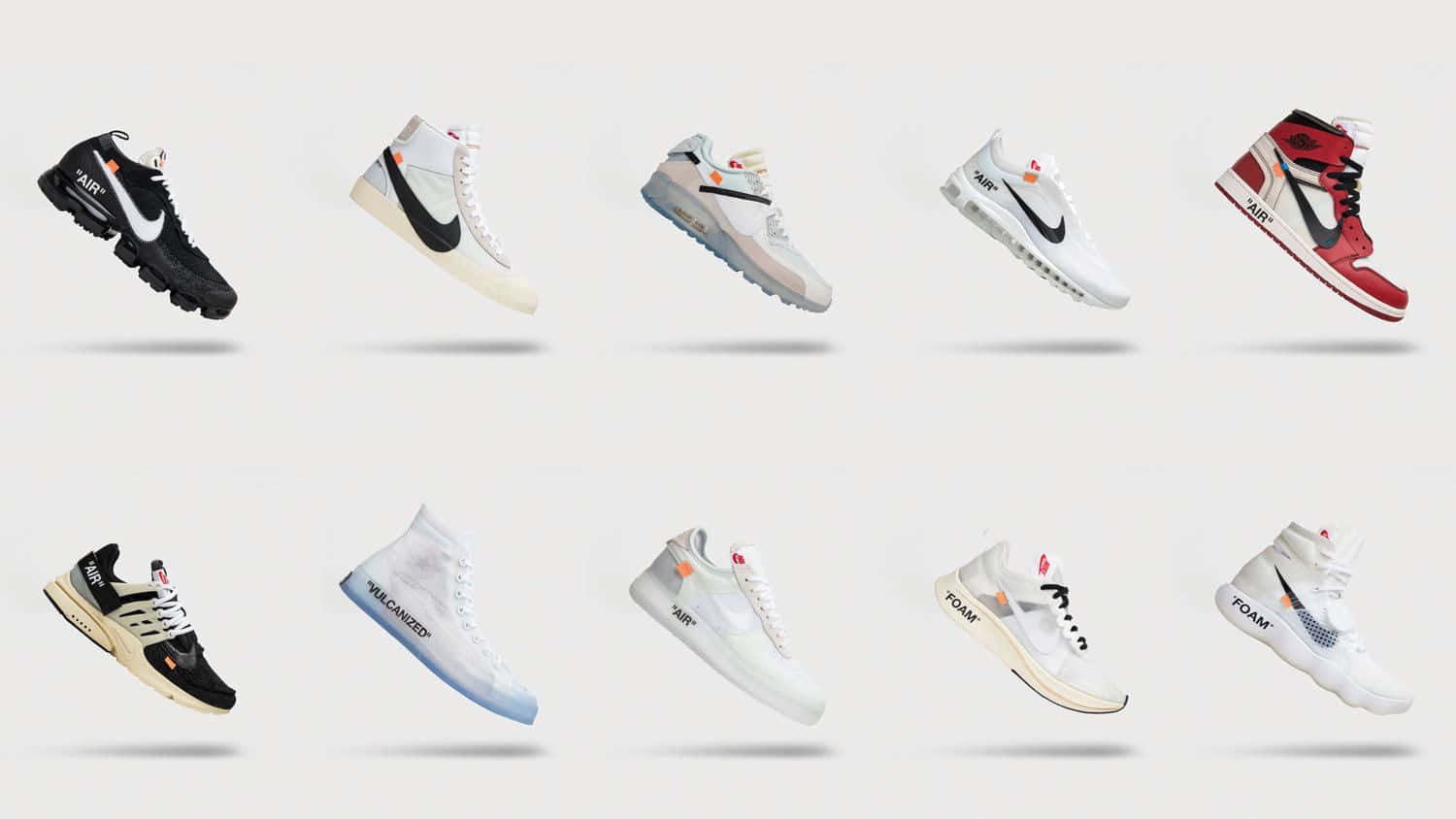 穿上 Off White 鞋款，提升你的時尚品味！ 壁紙 — 十雙漂浮的Nike x Off White運動鞋，設計各異，懸浮在中性背景上。