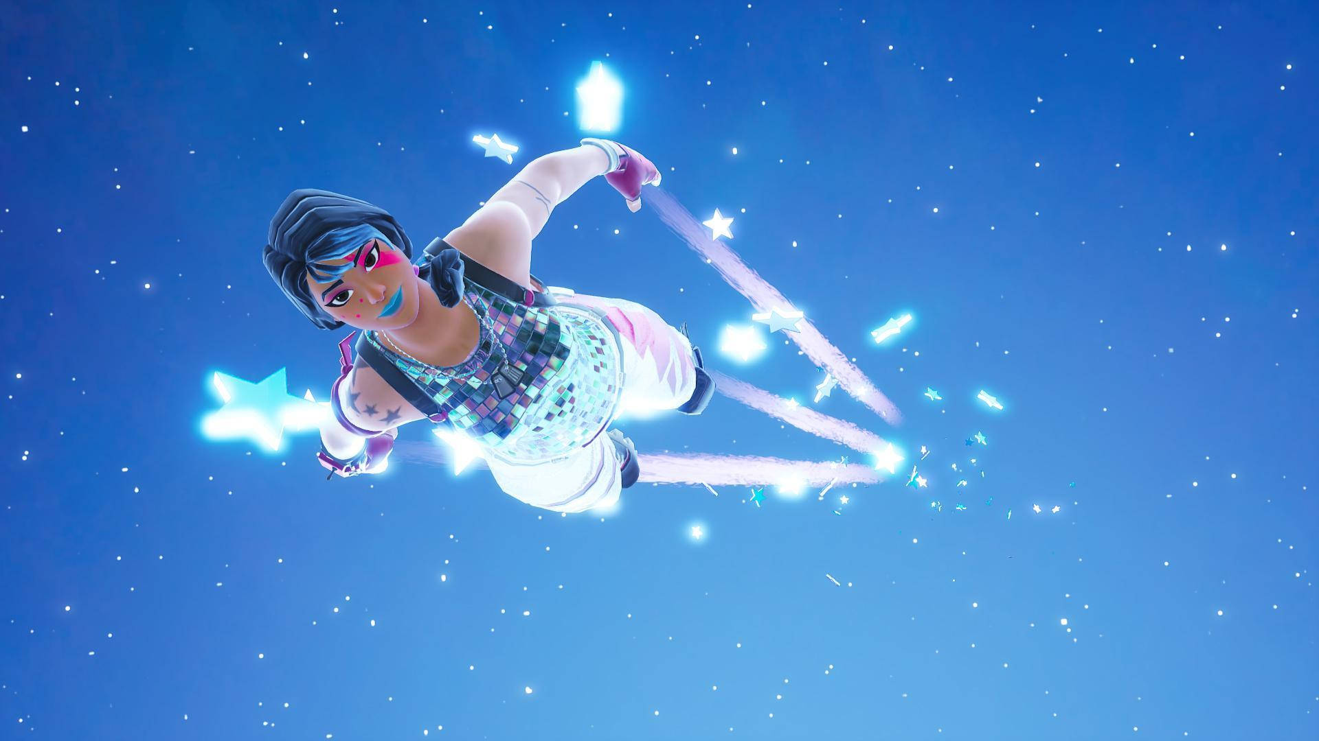 Fortnite 角色在星空飛翔，帶有發光軌跡