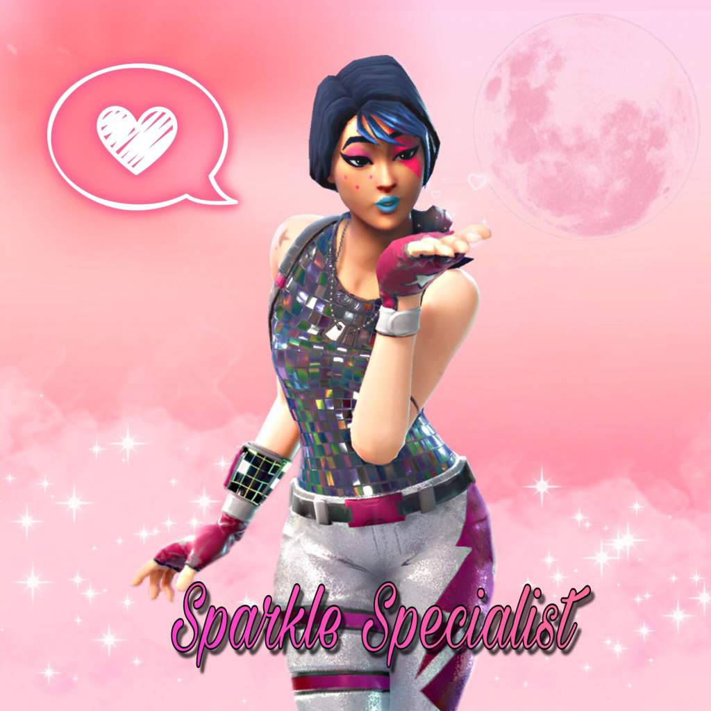 一個穿著閃亮服裝的Fortnite角色在粉紅色月亮下吹吻。