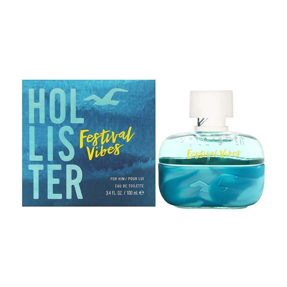 Hollister Festival Vibes男士香水瓶和包裝，帶有海鷗設計。