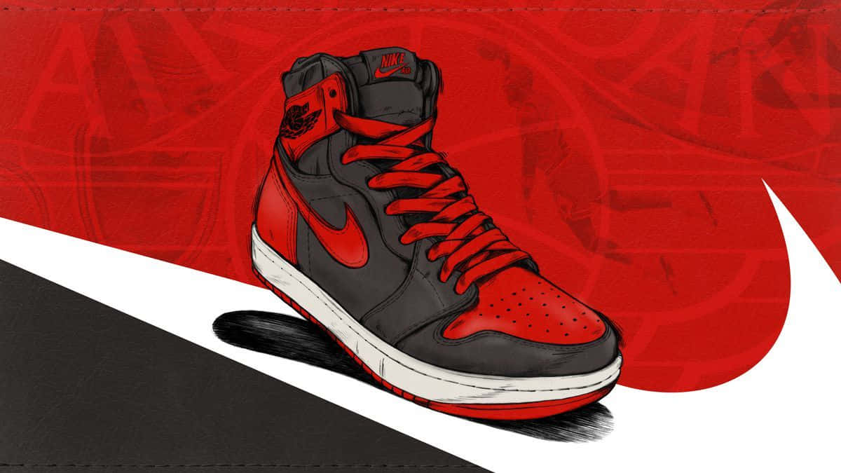 穿上Nike Air Jordan系列，躍動時尚 壁紙 — 一雙大膽的黑紅高筒運動鞋，白色鞋底，置於動態紅黑背景上，帶有Nike品牌標誌。
