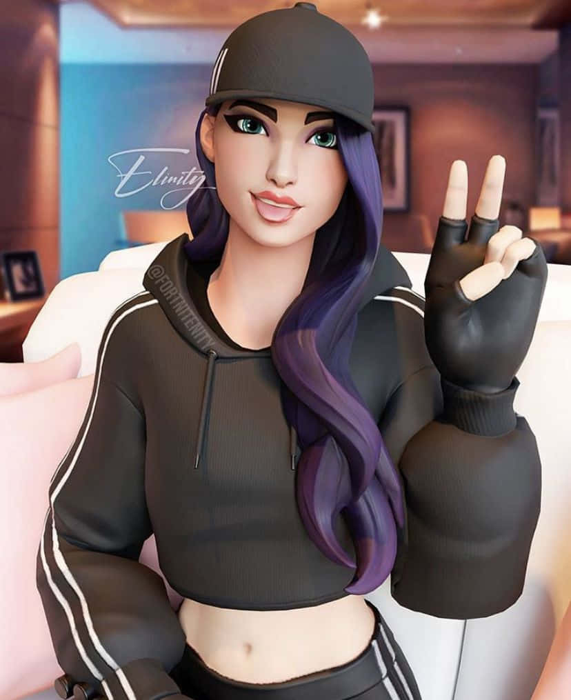 穿上Ruby Fortnite皮膚，釋放你的真正力量 壁紙 — 一位風格化的數碼女孩，紫色頭髮和黑色帽子，在舒適的休息室內坐著做出和平手勢。