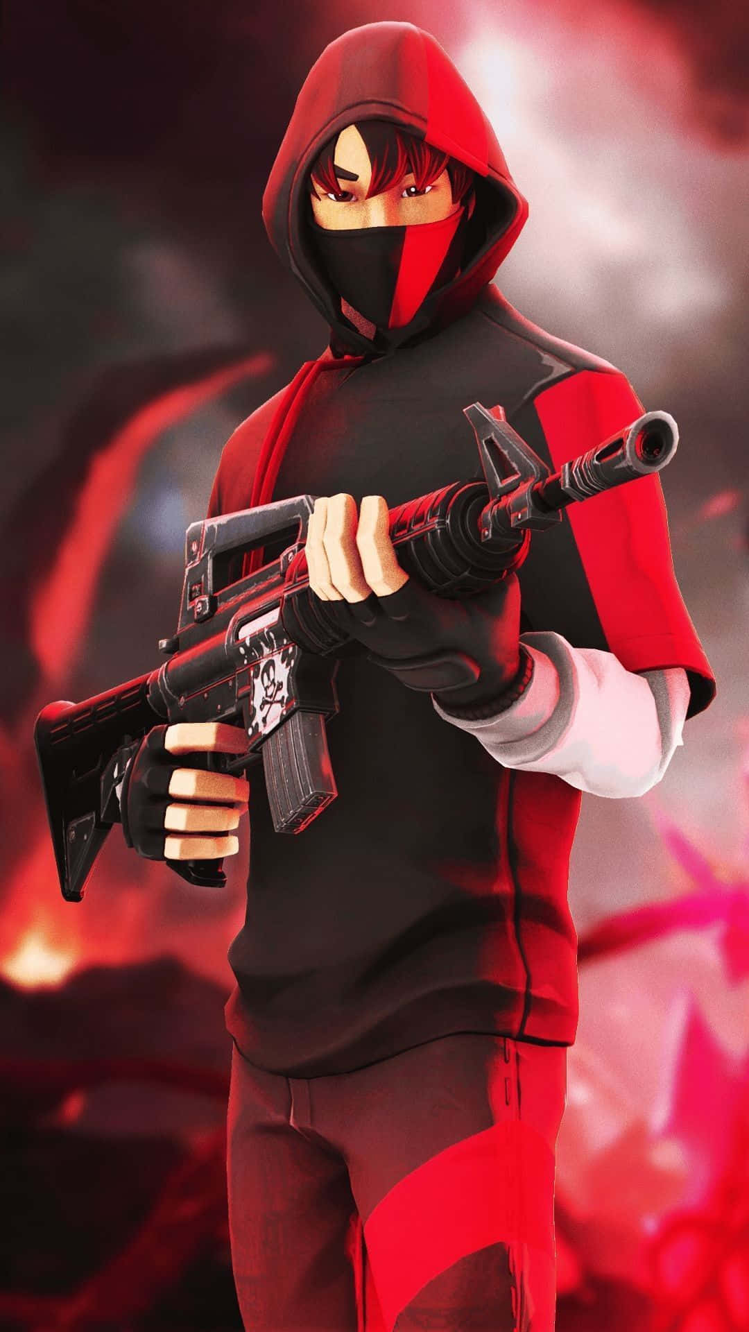 穿上Ruby皮膚，成為Fortnite中的焦點 壁紙 — 一個戴面具的動漫角色，身穿紅黑連帽衫，在火紅煙霧背景下手持步槍。