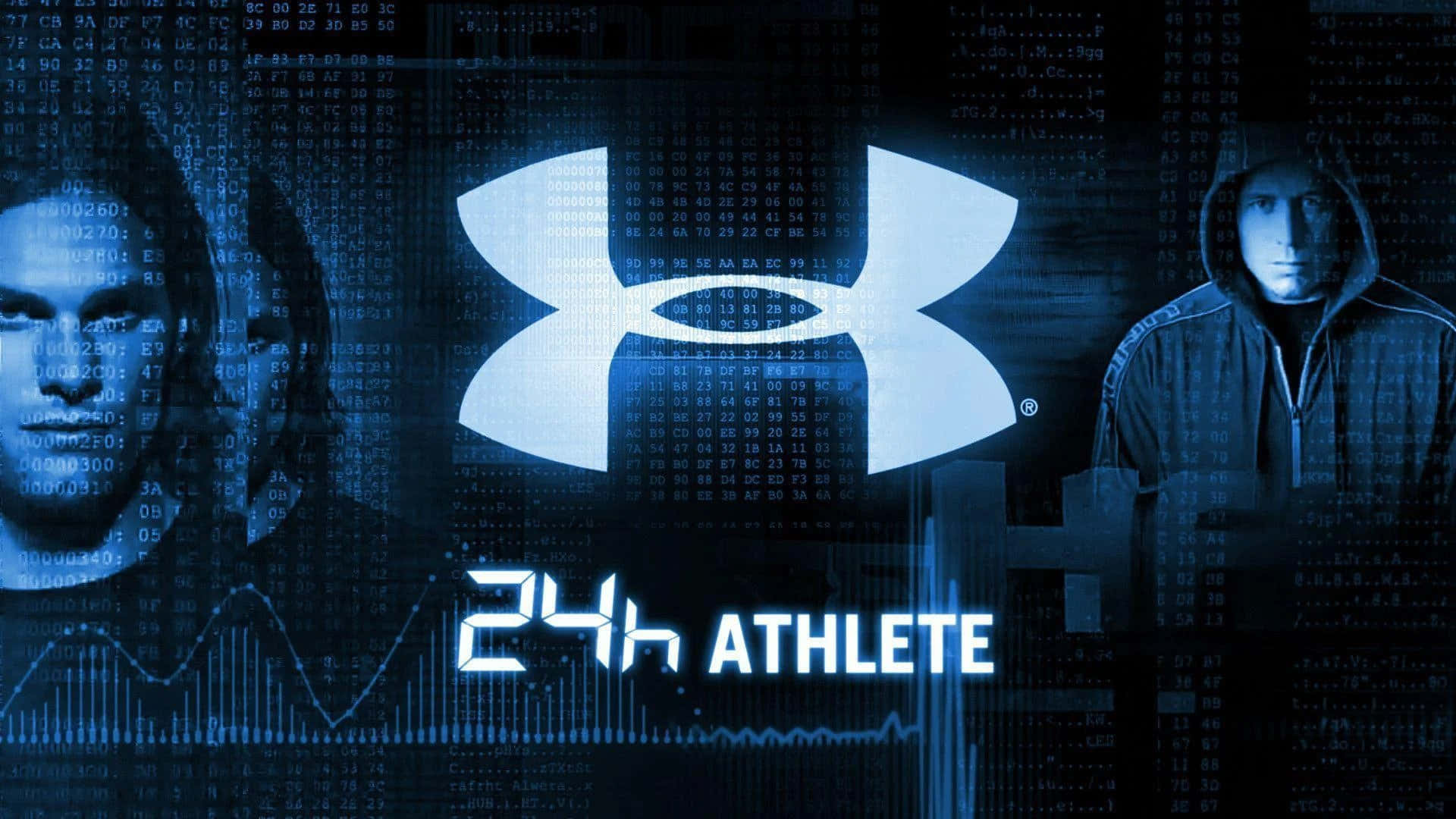 兩位運動員在數碼數據流背景中位於 Under Armour 標誌兩側。