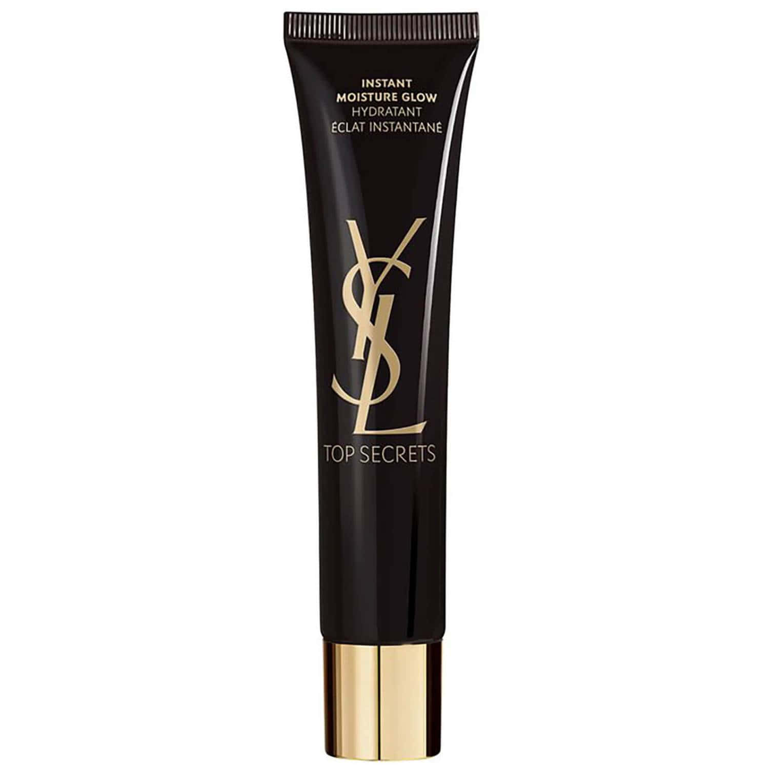 穿上YSL，成為眾人焦點 壁紙 — 一支時尚的黑色YSL Top Secrets Instant Moisture Glow管，帶有金色標誌和蓋子，立在潔白的背景前。