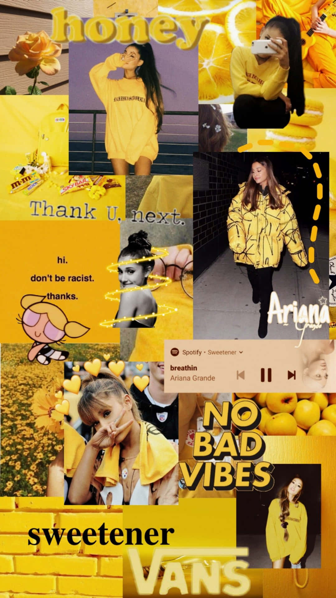 Ariana Grande 的黃色主題拼貼畫，帶有蜂蜜圖案和專輯參考。