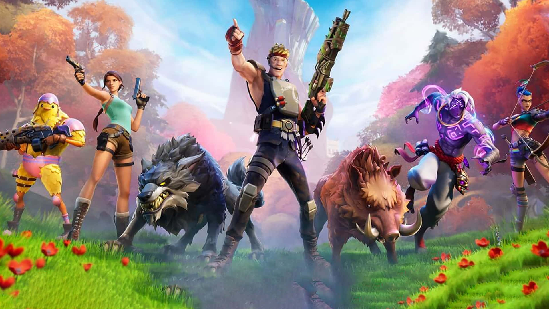 Fortnite角色和動物在開滿罌粟花的色彩繽紛秋日田野中。